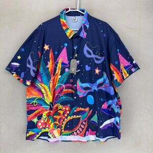Hardaddy Mens Mardi Gras Carnival Print Short Sleeve Button Up Shirt 3XL